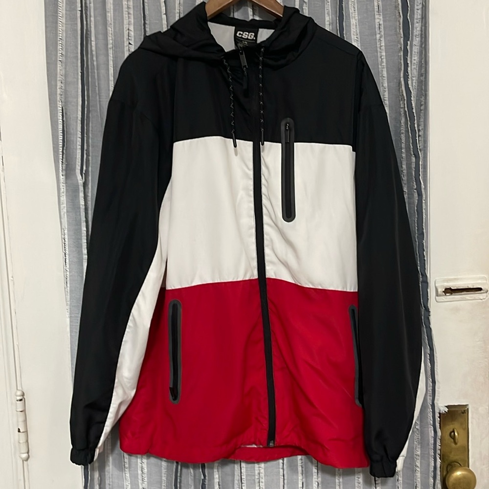 Triple striped windbreaker zip-up hoodie